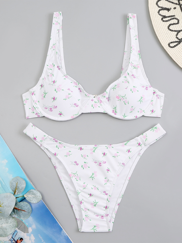 New bikini two-piece swimsuit floral high waist bikini - White / S