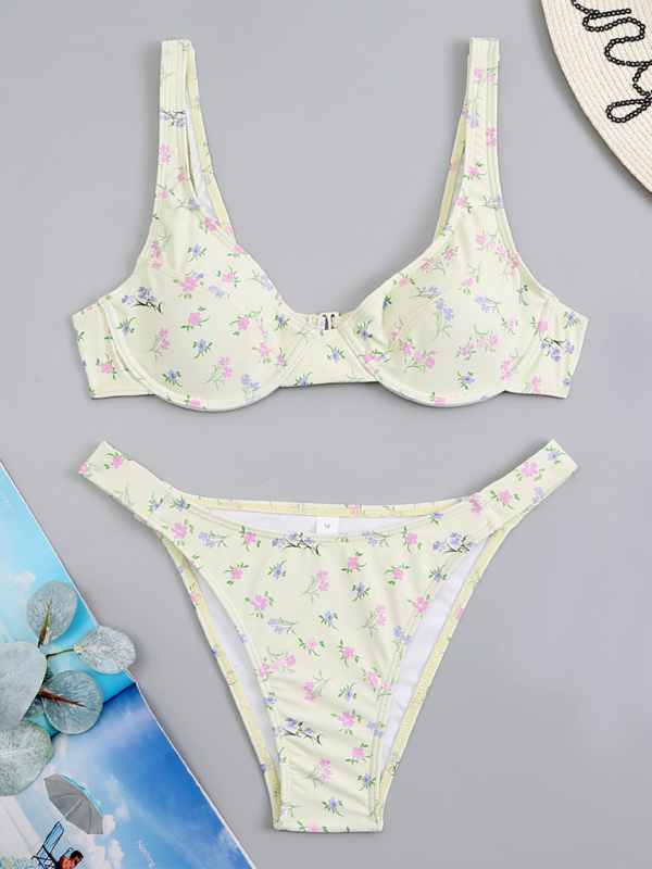 New bikini two-piece swimsuit floral high waist bikini - Yellow / S