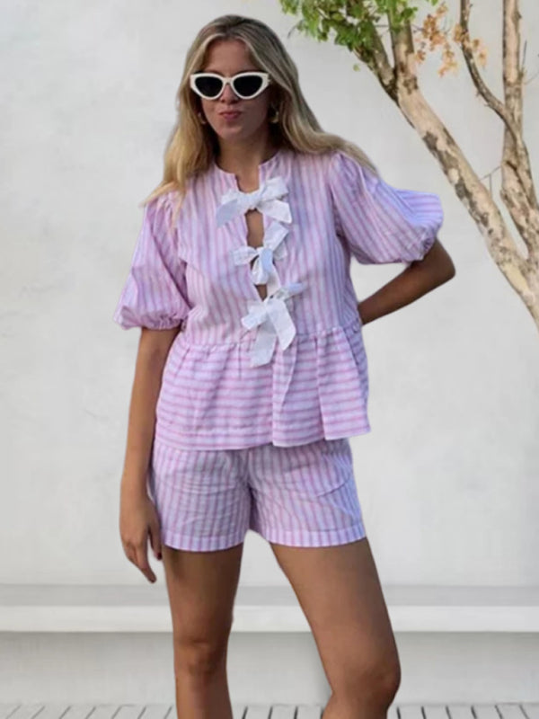 New bow striped short-sleeved shirt + shorts set - Pink / S