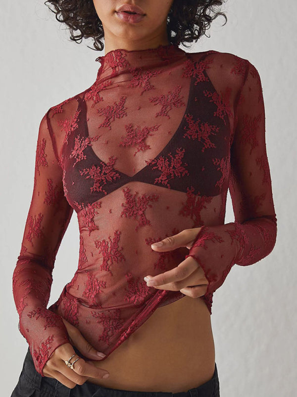 New breathable lace mesh multi-color bottoming shirt sexy hot girl trendy fashion lace top - Wine Red / S