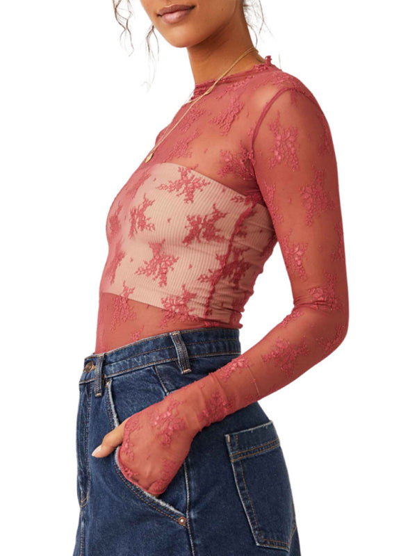 New breathable lace mesh multi-color bottoming shirt sexy hot girl trendy fashion lace top - Orange Red / S