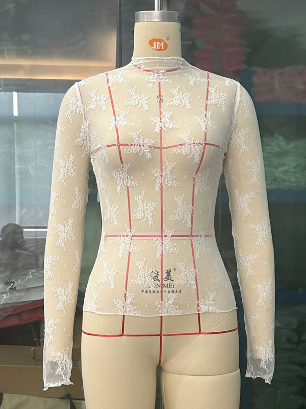 New breathable lace mesh multi-color bottoming shirt sexy hot girl trendy fashion lace top - White / S
