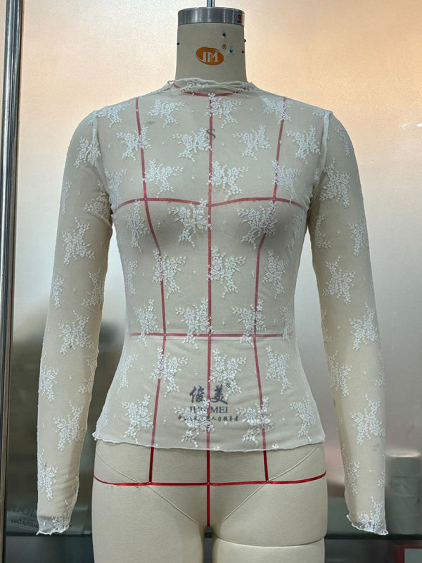 New breathable lace mesh multi-color bottoming shirt sexy hot girl trendy fashion lace top - Cream / S