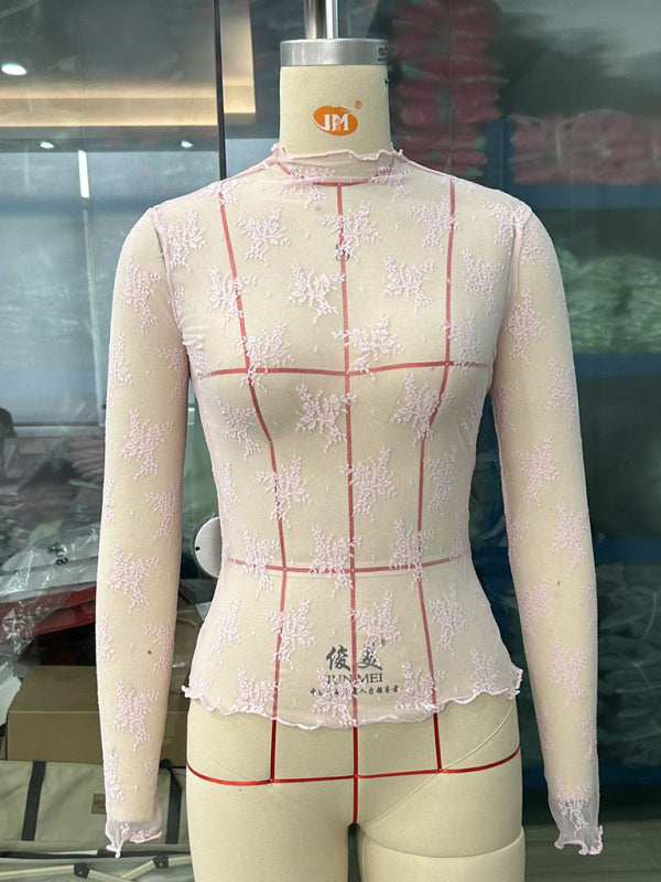 New breathable lace mesh multi-color bottoming shirt sexy hot girl trendy fashion lace top - Pink / S