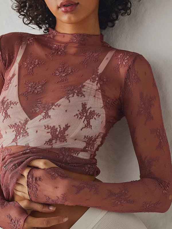 New breathable lace mesh multi-color bottoming shirt sexy hot girl trendy fashion lace top - Brown / S