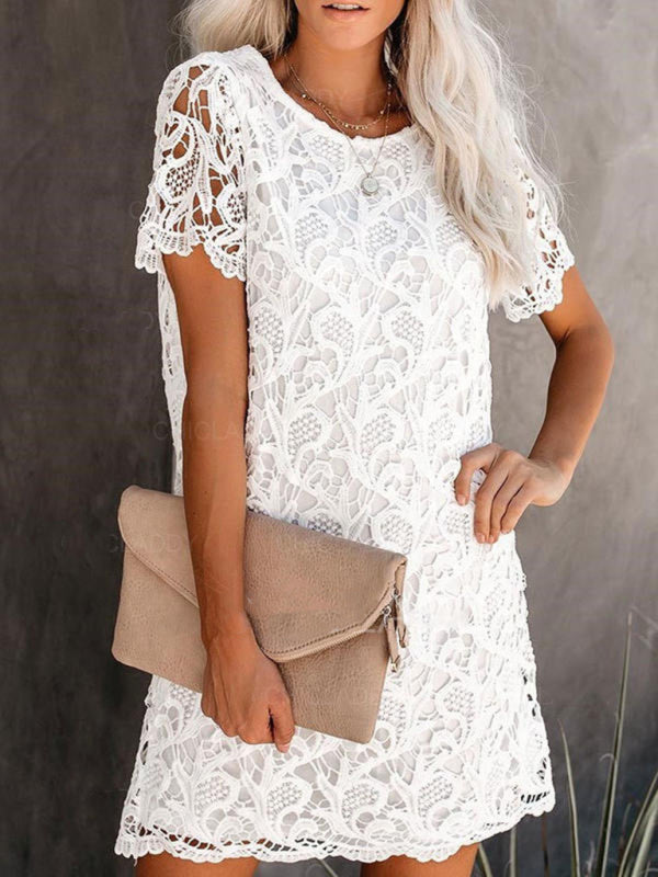 New casual and elegant round neck hollow lace midi dress - White / S