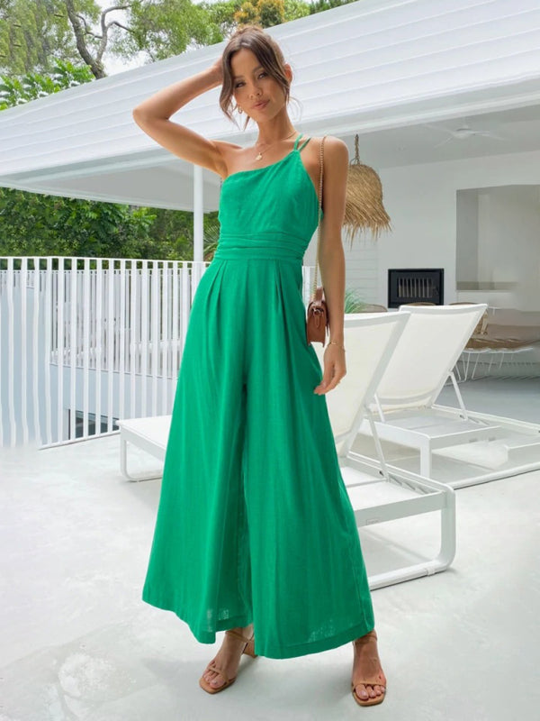 New casual comfortable and refreshing sleeveless waistless backless loose wide-leg jumpsuit