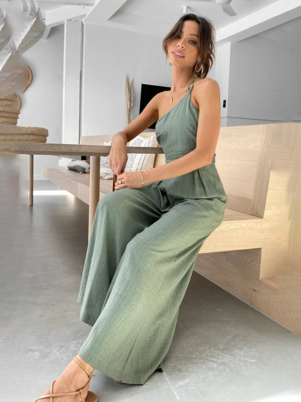 New casual comfortable and refreshing sleeveless waistless backless loose wide-leg jumpsuit