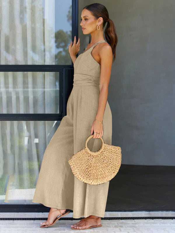 New casual comfortable and refreshing sleeveless waistless backless loose wide-leg jumpsuit