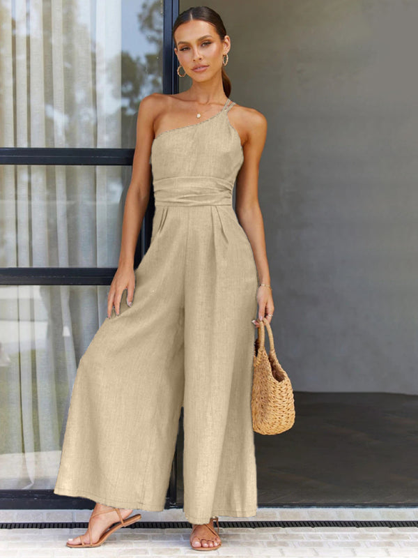 New casual comfortable and refreshing sleeveless waistless backless loose wide-leg jumpsuit - Cracker khaki / S