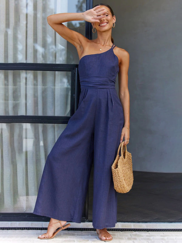 New casual comfortable and refreshing sleeveless waistless backless loose wide-leg jumpsuit - Medium purple / S