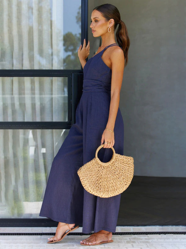 New casual comfortable and refreshing sleeveless waistless backless loose wide-leg jumpsuit