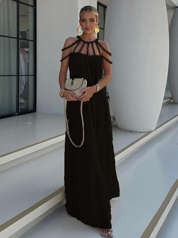 New casual drawstring holiday loose fashion dress - Black / FREESIZE