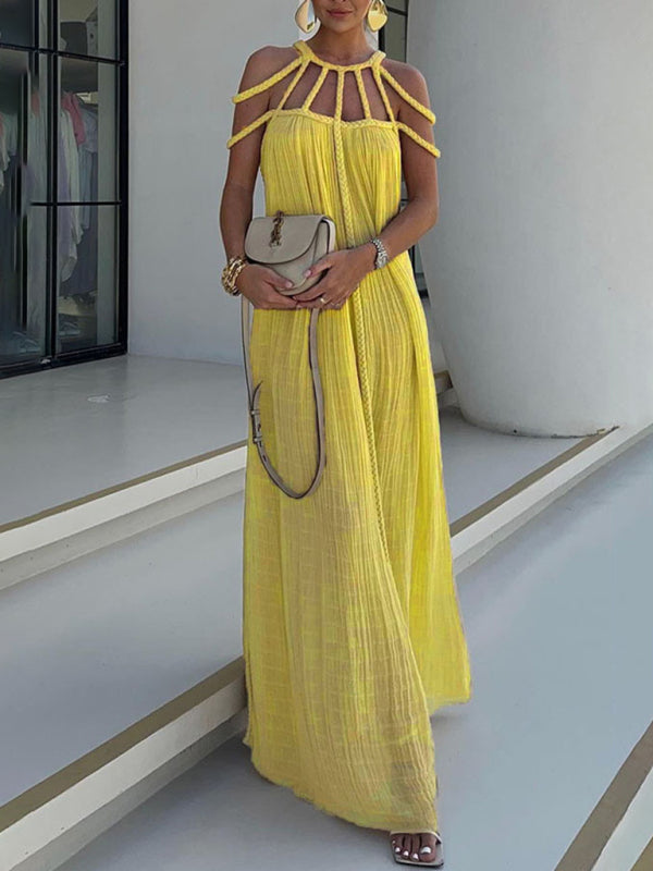 New casual drawstring holiday loose fashion dress - Yellow / FREESIZE