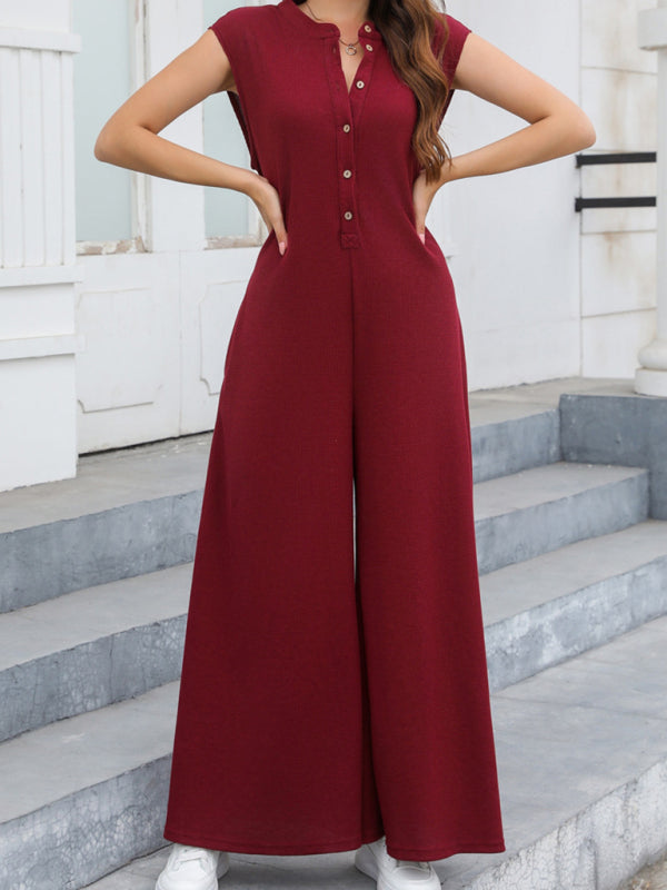 New Casual Loose Pocket Breathable Wide Leg Pants Home Commuting Pants Bib Jumpsuit - Wine Red / S