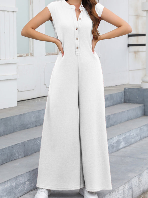 New Casual Loose Pocket Breathable Wide Leg Pants Home Commuting Pants Bib Jumpsuit - White / S