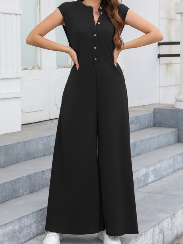 New Casual Loose Pocket Breathable Wide Leg Pants Home Commuting Pants Bib Jumpsuit - Black / S