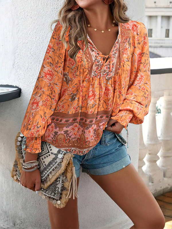 New casual printed v-neck long-sleeved top - Orange / S