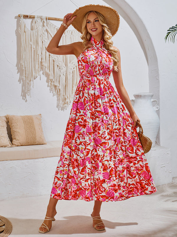 New casual resort style printed halter neck dress - Red / S