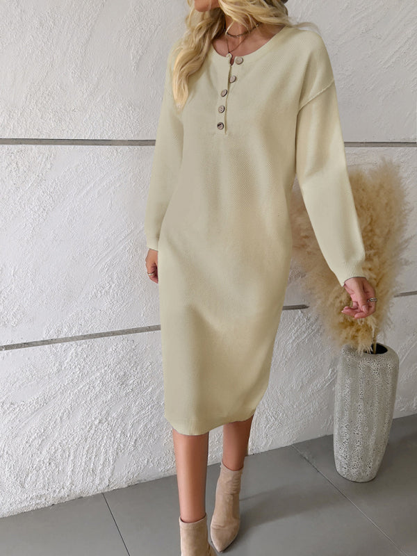 New casual round neck sweater dress - Closther