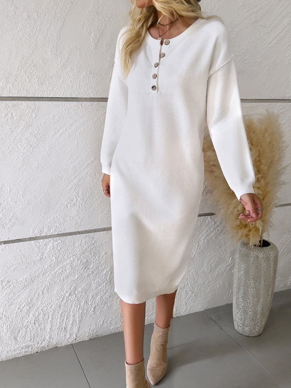 New casual round neck sweater dress - Closther