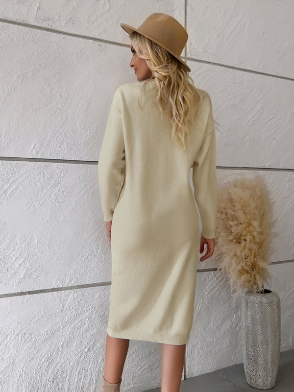 New casual round neck sweater dress - Closther
