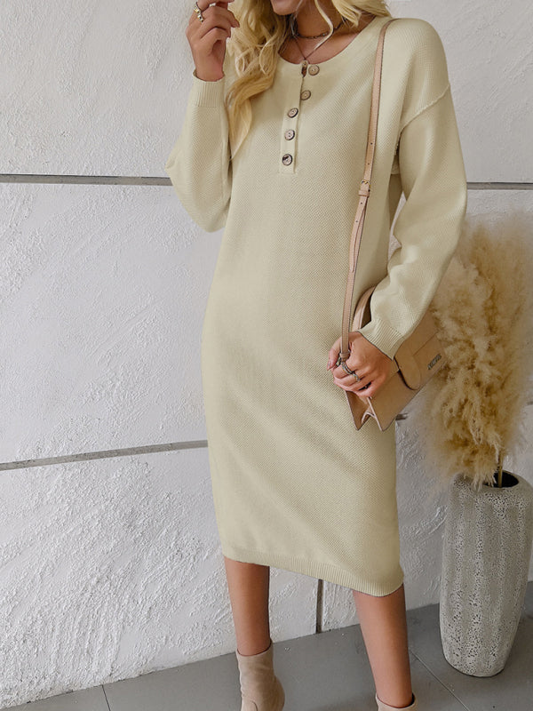 New casual round neck sweater dress - Closther