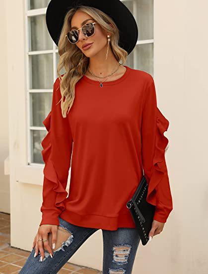 New casual round neck sweater pleated long-sleeved top - Red / S