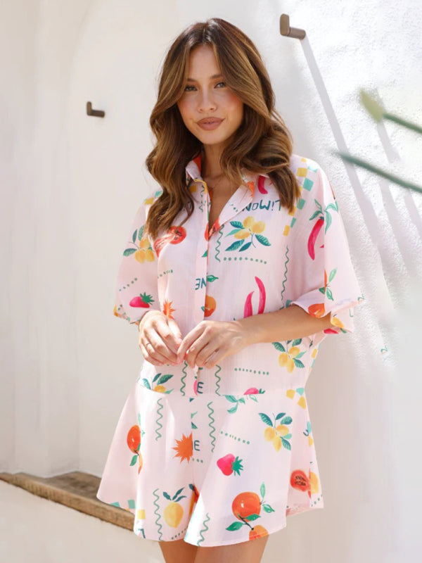 New casual simple printed wide-leg casual short jumpsuit - Pastel pink / S