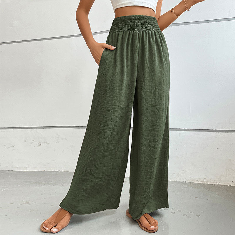 New casual solid color flared wide-leg pants - Green / S