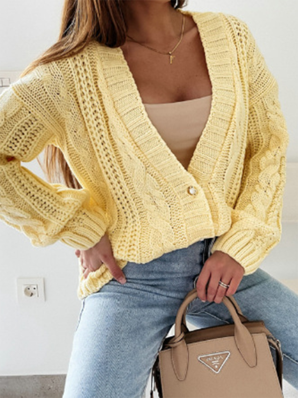 New Casual Sweater Jacket V-Neck Button Cable Knit Cardigan - Yellow / FREESIZE