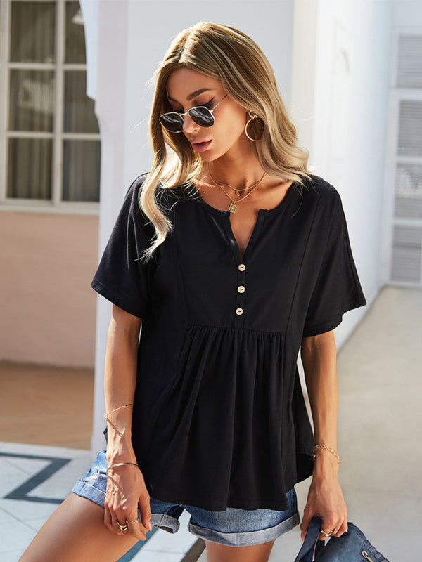 New casual V-neck solid color babydoll short-sleeved T-shirt - Black / S