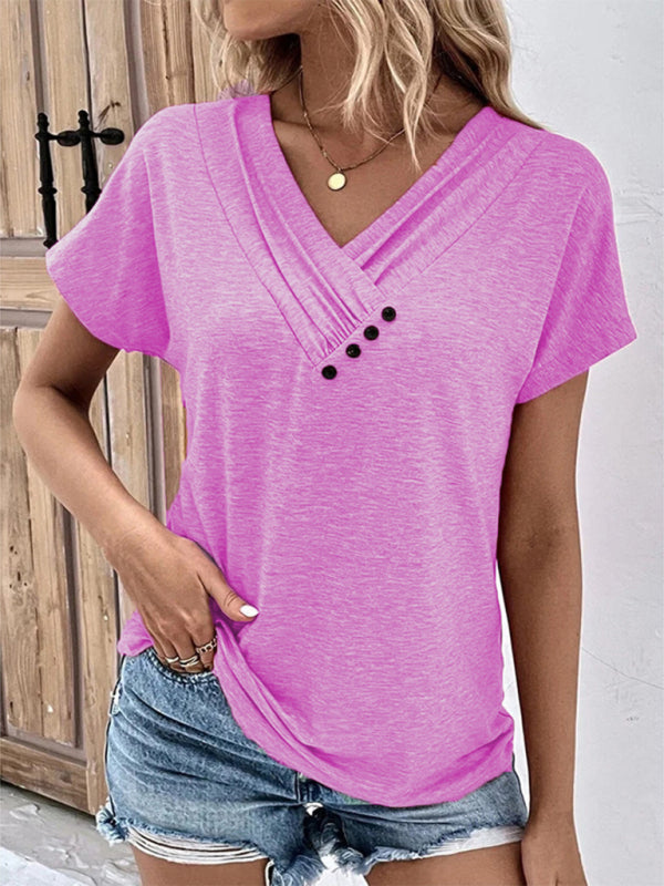 New casual vacation comfortable loose collar short-sleeved T-shirt sweater button top - Pink / S