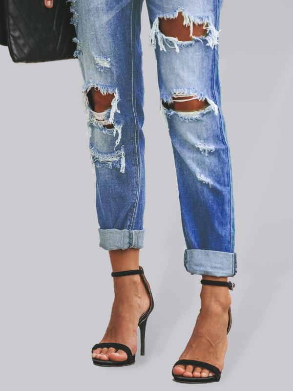 New casual washed ripped straight leg street style jeans - Blue / S