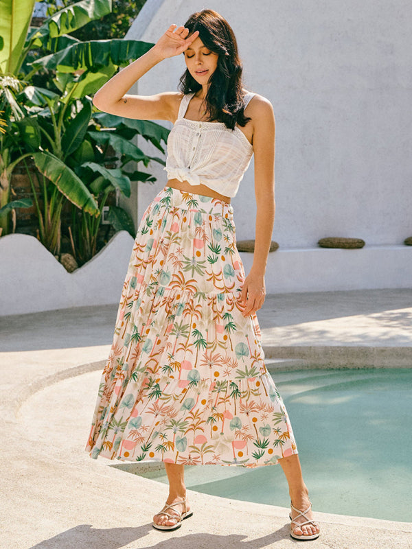 New coconut tree print bohemian holiday beach skirt - Brown / S