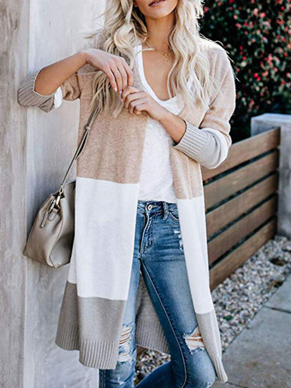 New contrast color long rainbow patchwork striped cardigan sweater jacket - Khaki / S