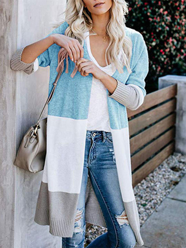 New contrast color long rainbow patchwork striped cardigan sweater jacket - Blue / S