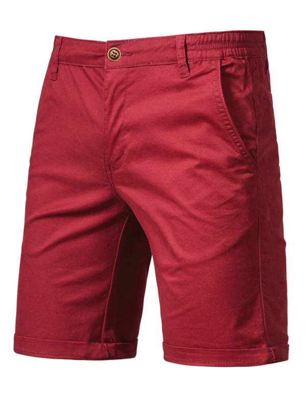 New cotton casual shorts men’s straight slim fit shorts large size solid color men’s clothing - Wine Red / 30