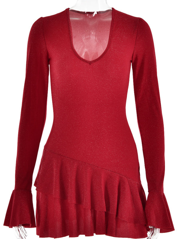 New deep V-neck dress for women fashionable bell sleeves tight and sexy hip-hugging short skirt