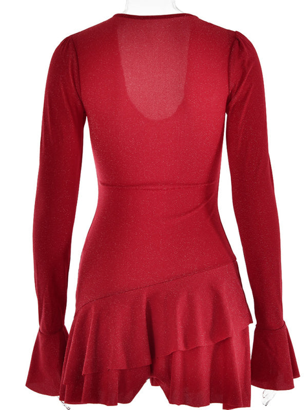 New deep V-neck dress for women fashionable bell sleeves tight and sexy hip-hugging short skirt