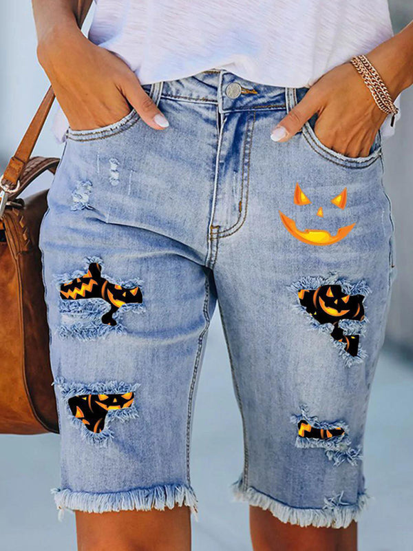 New denim casual five-point pants Halloween printed pants raw edge jeans - Blue / S