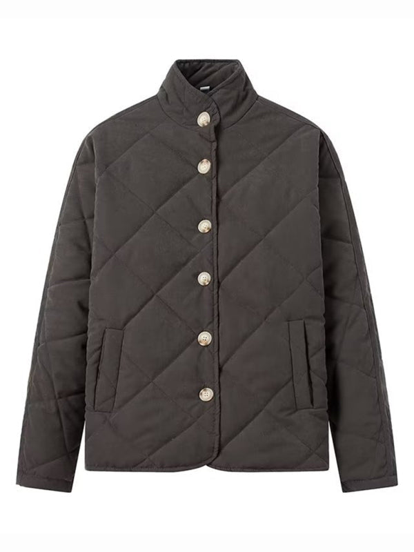 New diamond lattice stand collar cotton coat - Black / S