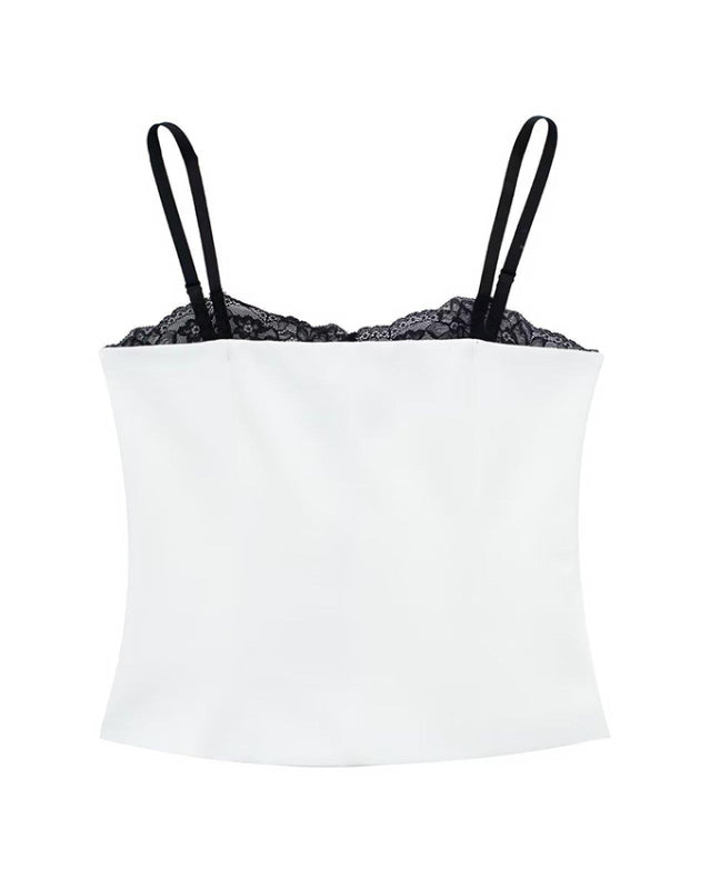 White camisole with black lace trim and straps from the New Elegant and Sexy Lace Patchwork Bustier Top collection