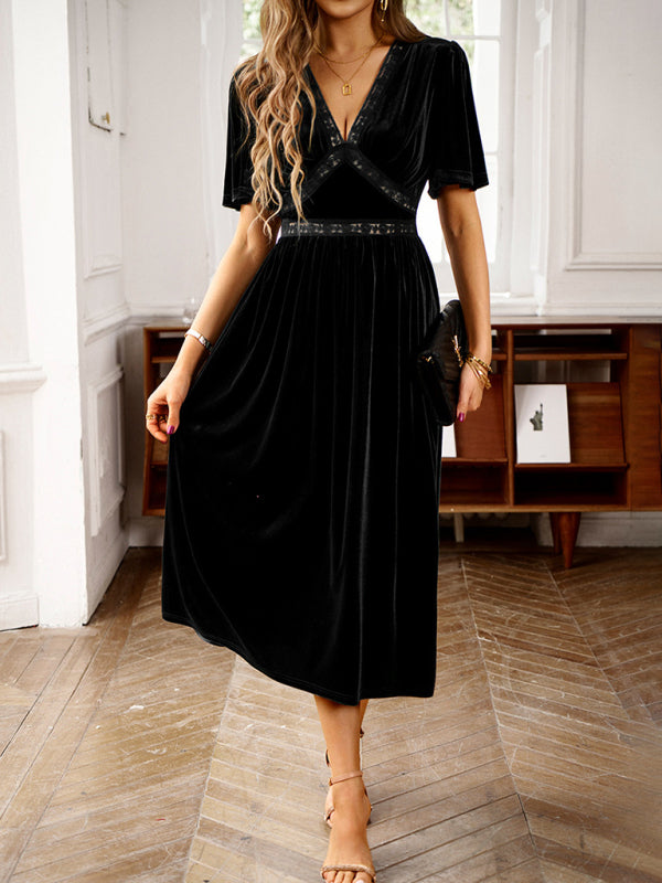 New elegant V-neck short-sleeved velvet dress - Black / S
