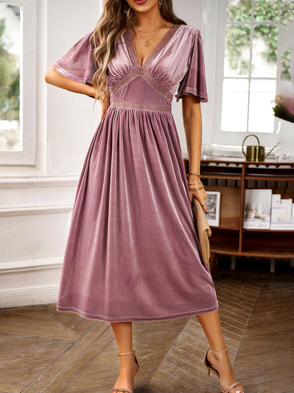 New elegant V-neck short-sleeved velvet dress - Pink / S