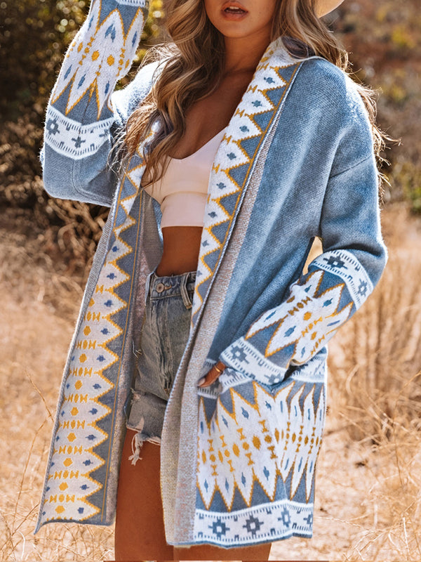 New ethnic style printed long-sleeved knitted sweater cardigan jacket - Blue / S
