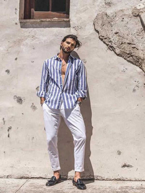 New European and American men’s casual comfortable lapel striped beach print long-sleeved shirt