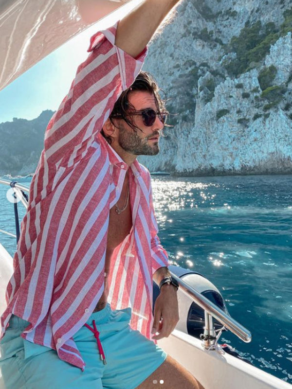 New European and American men’s casual comfortable lapel striped beach print long-sleeved shirt