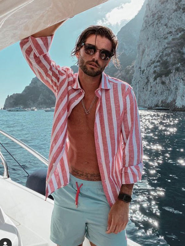 New European and American men’s casual comfortable lapel striped beach print long-sleeved shirt - Pink / S