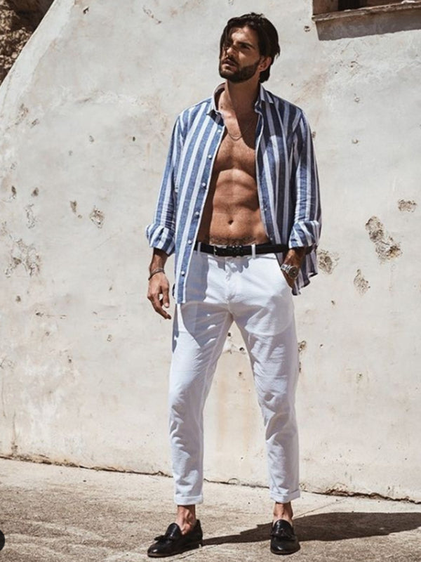 New European and American men’s casual comfortable lapel striped beach print long-sleeved shirt - Clear blue / S